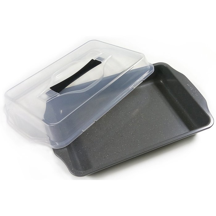 Silver Granite Rectangular Cake Pan 9" x 13" with Plastic Lid, Loaf Pan 12" x 6", 10" X 15" Cookie Sheet Set N3