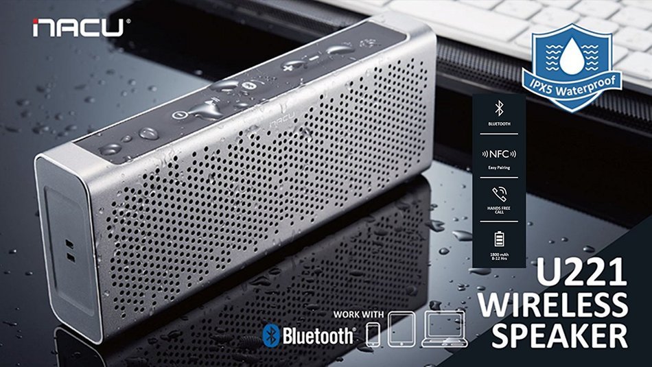 iNACU iNACU-221 NFC Enabled Easy Pairing Wireless Waterproof IPX5 Portable Bluetooth Speaker,18 Cores Hifi Aluminum... N12