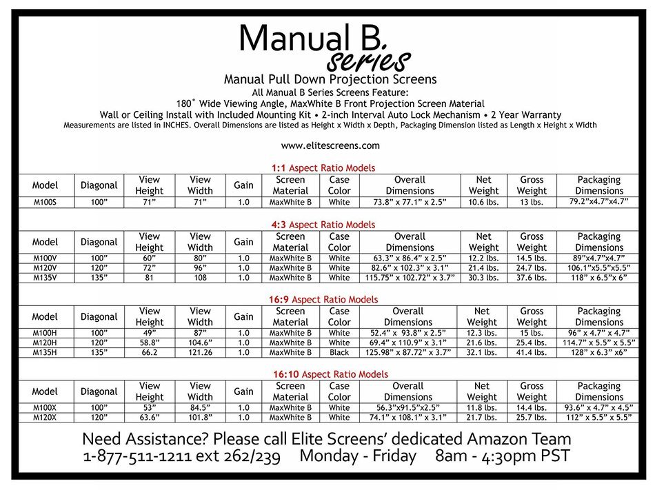Elite Screens Manual B Series, 100-inch Diagonal 16:9, Pull Down Projection Manual Projector Screen with Auto... N9