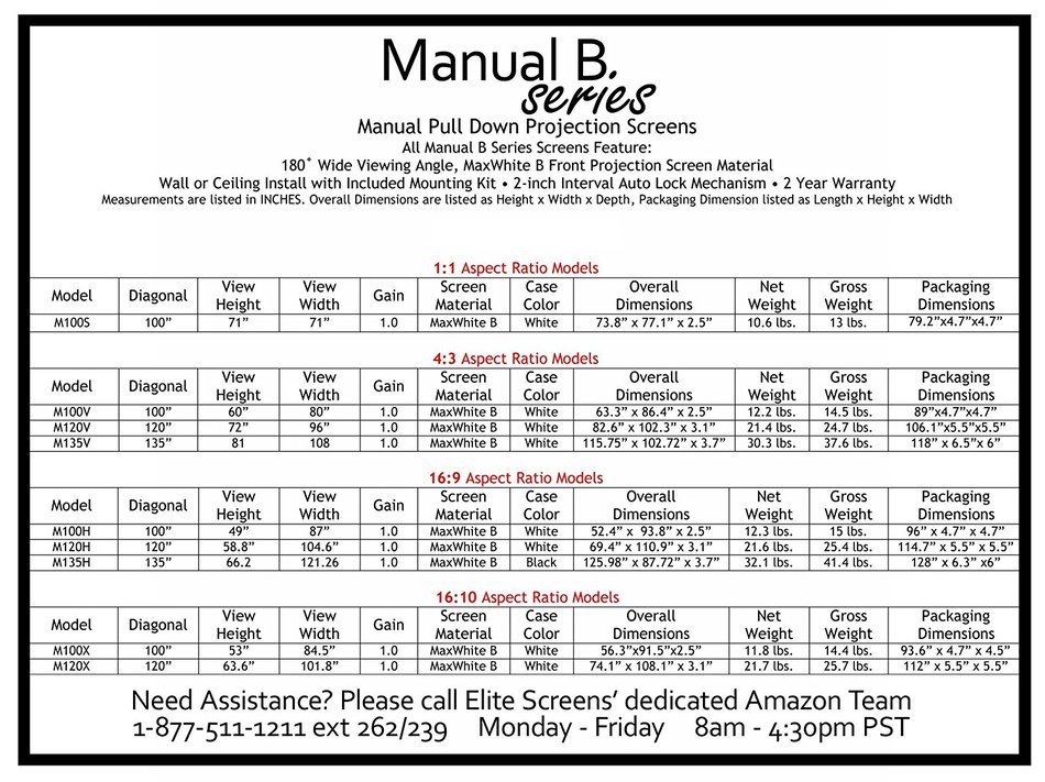 Elite Screens Manual B Series, 100-inch Diagonal 16:9, Pull Down Projection Manual Projector Screen with Auto... N21
