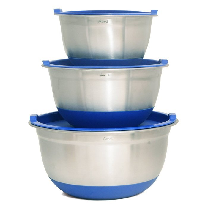 Aarrt Heavy Duty Large Stainless Steel Bowls with Lids, Silicone Bottom Bowls, and Volume Measurements