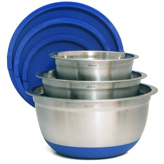 Aarrt Heavy Duty Large Stainless Steel Bowls with Lids, Silicone Bottom Bowls, and Volume Measurements N3