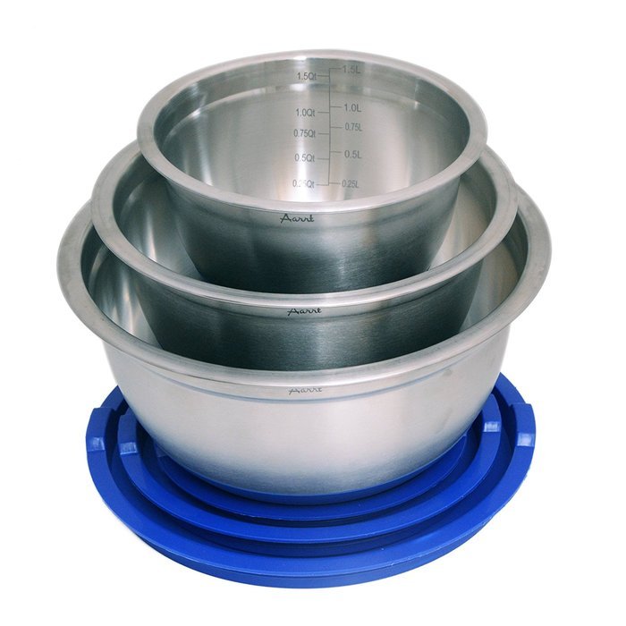 Aarrt Heavy Duty Large Stainless Steel Bowls with Lids, Silicone Bottom Bowls, and Volume Measurements N4