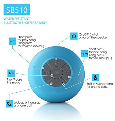 J-DEAL&reg; Hd Water Resistant Bluetooth 3.0 Shower Speaker Handsfree Portable Speakerphone with Built-in Mic, 6hrs... N3