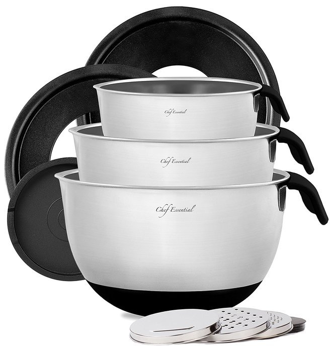 Chef Essential Stainless Steel Non-Slip Mixing Bowls Set with Handles and Pour Spouts, Set of 3, Black