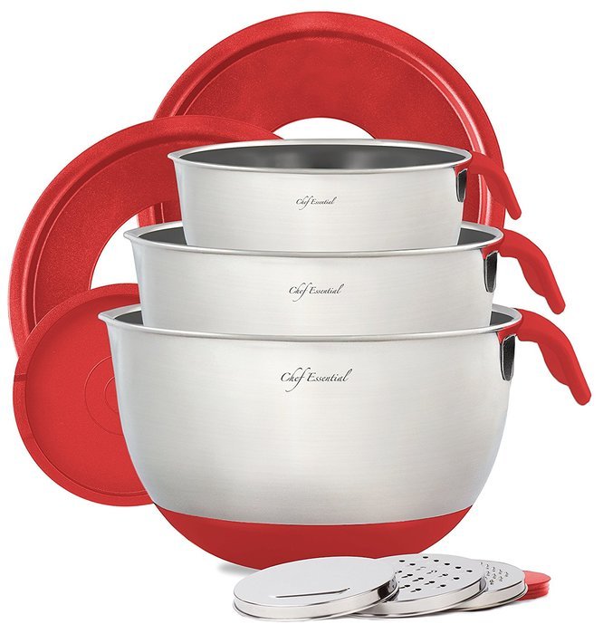 Chef Essential Stainless Steel Non-Slip Mixing Bowls Set with Handles and Pour Spouts, Set of 3, Black N8