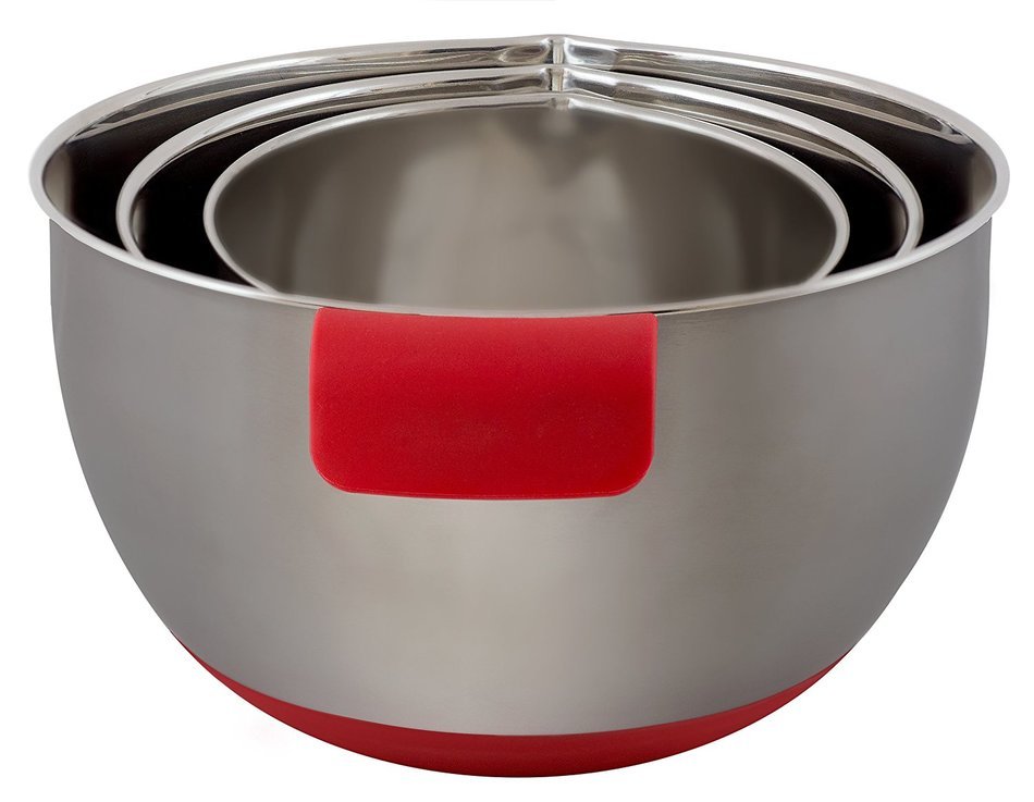 Chef Essential Stainless Steel Non-Slip Mixing Bowls Set with Handles and Pour Spouts, Set of 3, Black N12