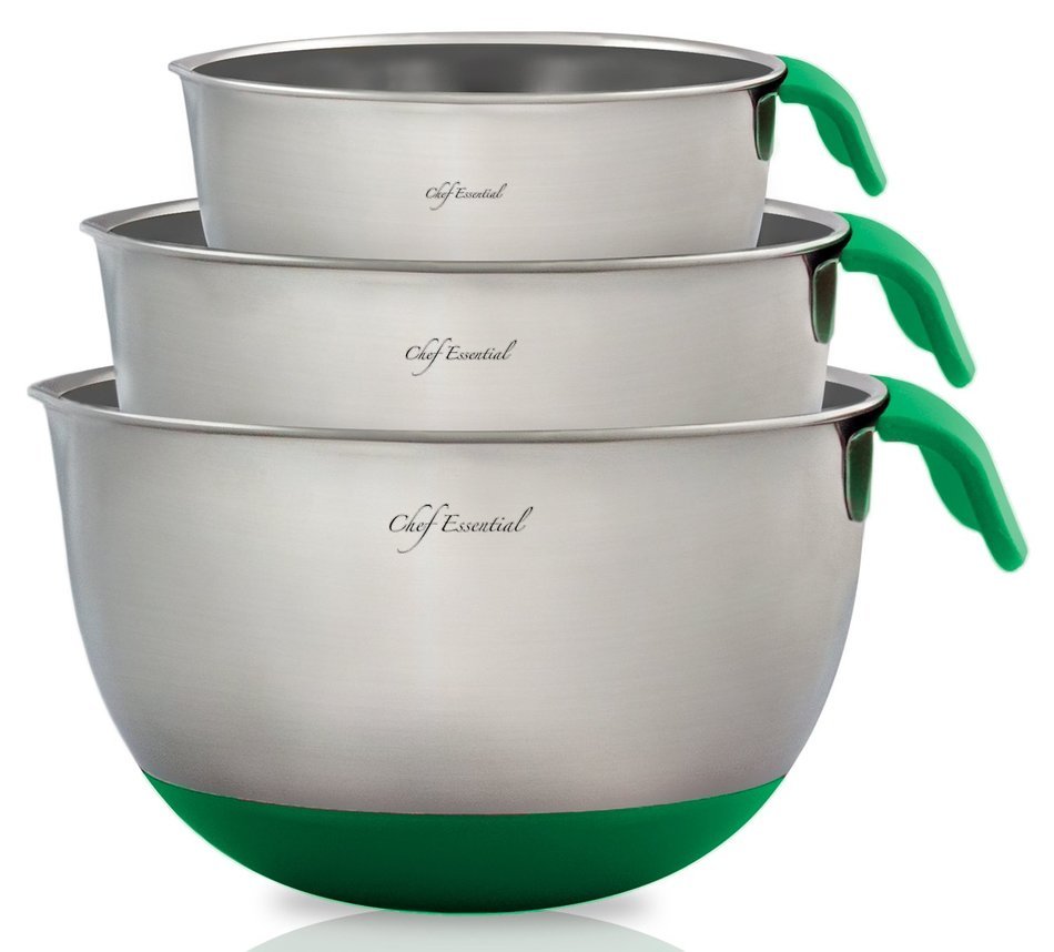 Chef Essential Stainless Steel Non-Slip Mixing Bowls Set with Handles and Pour Spouts, Set of 3, Black N15
