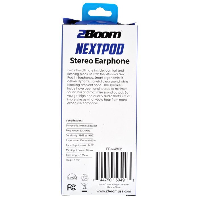 2BOOM Next Pod Wired Earbuds with Microphone and Volume Control Blue N3