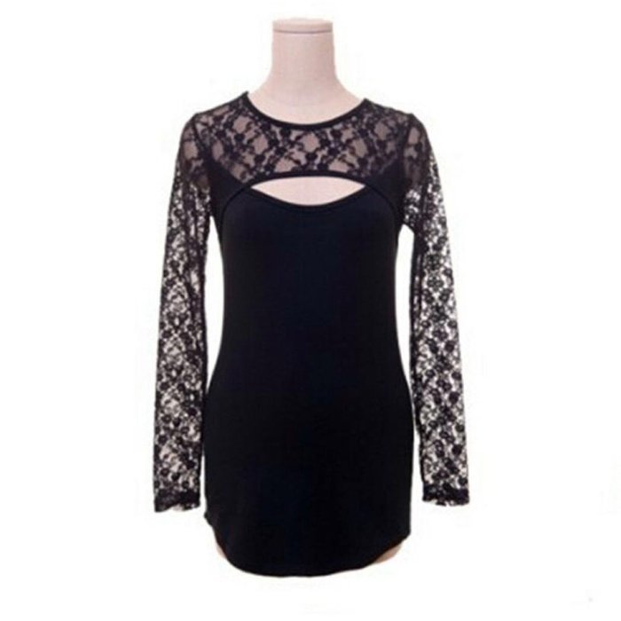 AIMTOPPY Sexy Women Lace O-Neck Long Sleeve Ladies T-Shirt Casual Blouse Tops (XXL, Black) N3