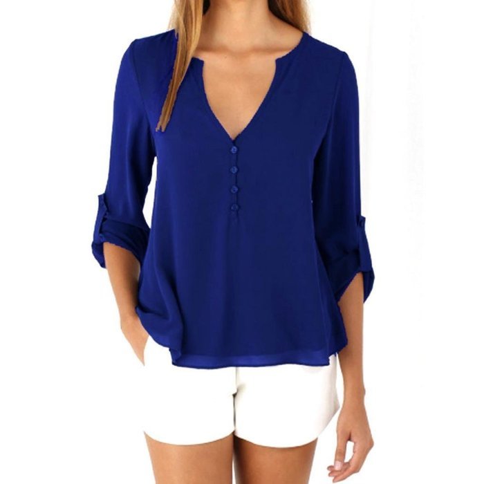 AIMTOPPY Fashion Womens Loose Long Sleeve Chiffon Casual Blouse Shirt Tops (XXXL, Blue)