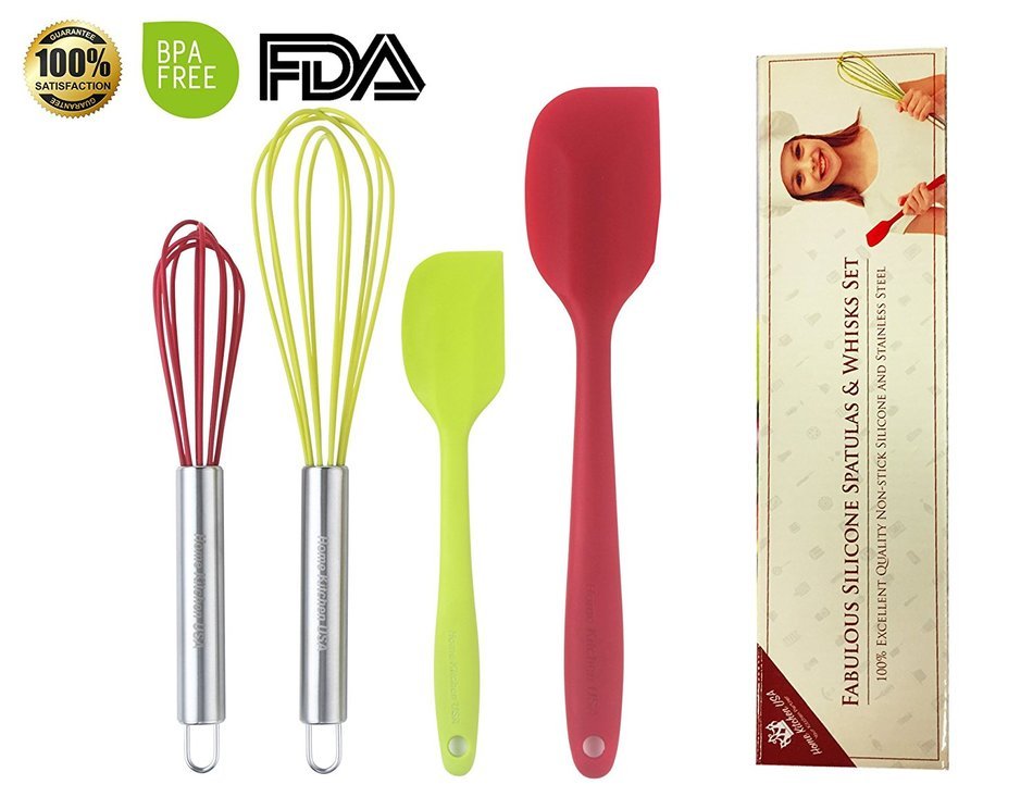 SET OF 4 Professional Quality Silicone Whisks , Spatulas For Cooking .Bright Red and Green Colors. Stainless Steel...