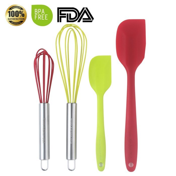 SET OF 4 Professional Quality Silicone Whisks , Spatulas For Cooking .Bright Red and Green Colors. Stainless Steel... N4