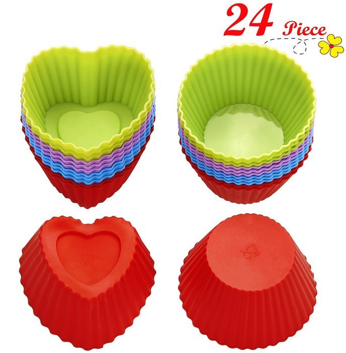 Chefaith 24-Pcs Reusable Silicone Baking Cups, Cupcake Liners, Muffin Cups [12 Heart-Shaped & 12 Round Cups, Each...