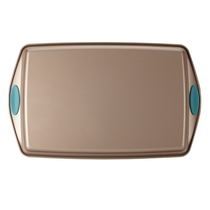 Rachael Ray Cucina Bakeware 11-Inch x 17-Inch Cookie PanLatte Brown, Agave Blue Handle Grips N2