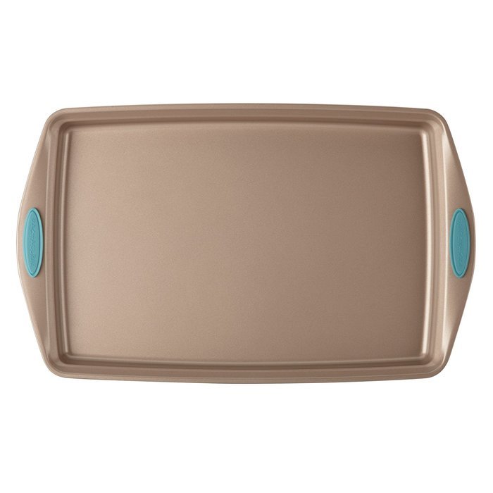 Rachael Ray Cucina Bakeware 11-Inch x 17-Inch Cookie PanLatte Brown, Agave Blue Handle Grips N3