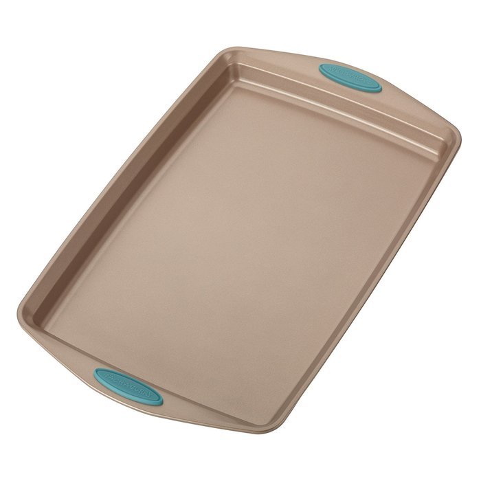 Rachael Ray Cucina Bakeware 11-Inch x 17-Inch Cookie PanLatte Brown, Agave Blue Handle Grips N4