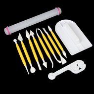 HOSL 4 Sets (11pcs) Sugarcraft Icing Cake Smoother Fondant Cutter Embosser Rolling Pin Modeling Tool Kit Set N2