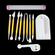 HOSL 4 Sets (11pcs) Sugarcraft Icing Cake Smoother Fondant Cutter Embosser Rolling Pin Modeling Tool Kit Set N5