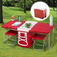 Giantex Multi Function Rolling Cooler Picnic Camping Outdoor w/ Table &amp; 2 Chairs Red N2