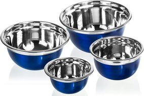 4 Pc Chef Quality Stainless Steel Mixing Bowls - Blue Serving Prep Bowls or Mixing Bowl Set w/ Flat Rim &amp; Base