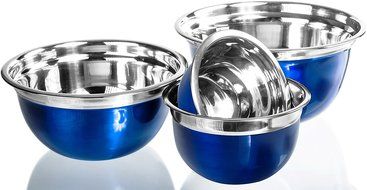 4 Pc Chef Quality Stainless Steel Mixing Bowls - Blue Serving Prep Bowls or Mixing Bowl Set w/ Flat Rim &amp; Base N2