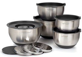 Chef Essential Stainless Steel Non-Slip Mixing Bowls Set with Lids and Graters, Set of 5, Black N4