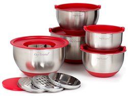 Chef Essential Stainless Steel Non-Slip Mixing Bowls Set with Lids and Graters, Set of 5, Black N10
