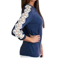 AIMTOPPY New Women Lace Loose Top Full Sleeve Blouse Ladies Casual Tops T-Shirt (M, Blue)