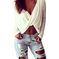 AIMTOPPY Fashion Women Sexy Front Cross V-Neck Long Sleeve Shirts White Tops Blouses (M, White)