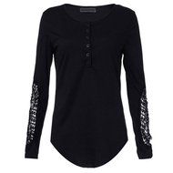 AIMTOPPY Womens Lace Long Sleeve Shirt Casual Blouse Loose Cotton Tops T Shirt (L, Black)