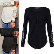 AIMTOPPY Womens Lace Long Sleeve Shirt Casual Blouse Loose Cotton Tops T Shirt (L, Black) N3