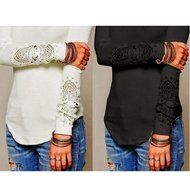 AIMTOPPY Womens Lace Long Sleeve Shirt Casual Blouse Loose Cotton Tops T Shirt (L, Black) N4