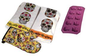 Day of the Dead Kitchen Towel Set with Matching Insulated Oven Mitt, Sugar Skull Cookie Cutter, and Silicone Skull...