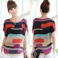 AIMTOPPY Sexy Women Summer Perspective Casual Loose Chiffon Tops short sleeve Blouses T-Shirt (L, Colorful) N3