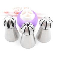 Peicees 3pcs The Torch Sphere Ball Nozzle Tips + 1pcsTri-color Coupler with 5 Pastry Icing Bags