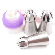 Peicees 3pcs The Torch Sphere Ball Nozzle Tips + 1pcsTri-color Coupler with 5 Pastry Icing Bags N2