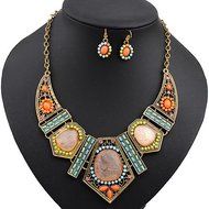 Polytree Women&#039;s Boho Colorful Hollow Statement Chain Choker Necklace Hook Earrings Set