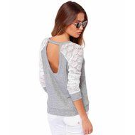 AIMTOPPY Women Backless Long Sleeve Embroidery Lace Crochet Shirt Top Blouse (M, Grey)