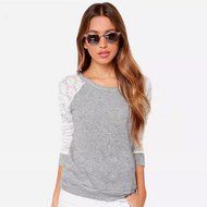 AIMTOPPY Women Backless Long Sleeve Embroidery Lace Crochet Shirt Top Blouse (M, Grey) N2