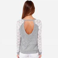 AIMTOPPY Women Backless Long Sleeve Embroidery Lace Crochet Shirt Top Blouse (M, Grey) N4