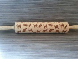 Cat Rolling Pin - Engraved Wood with Cat Design 10 inch Embossed Hardwood Cylinder N5