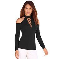 AIMTOPPY Sexy Women Off Shoulder Black Slim Long Sleeve Casual Tops Blouse (L, Black)