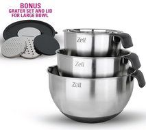 Zell 3 Piece Mixing Bowl Set with Spout and Handle, stainless steel, silicone non-slip base, with grater set,...