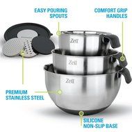 Zell 3 Piece Mixing Bowl Set with Spout and Handle, stainless steel, silicone non-slip base, with grater set,... N2