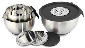 Zell 3 Piece Mixing Bowl Set with Spout and Handle, stainless steel, silicone non-slip base, with grater set,... N6