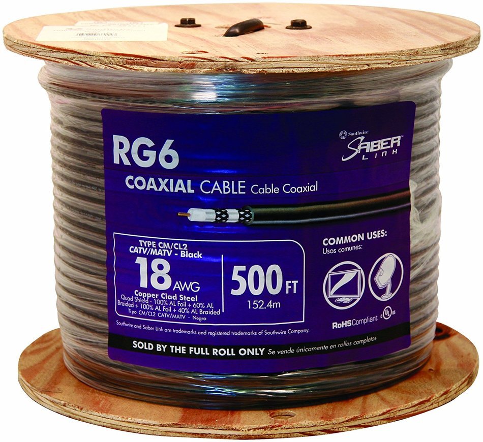 Southwire 56918445 500-Feet Quad Shields Type RG 6/U 18 AWG Coaxial Cable, Black