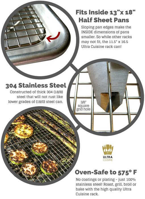 Ultra Cuisine 100% Stainless Steel Wire Cooling Rack for Baking fits Half Sheet Pans Cool Cookies, Cakes, Breads... N2