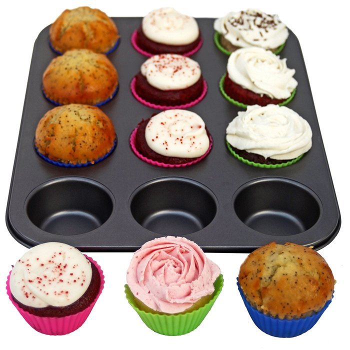 Nonstick Muffin Pan 12 Cup + 12 Removable Silicone Cupcake Holders. Premium Cupcake Pan + Cupcake Baking Cups...