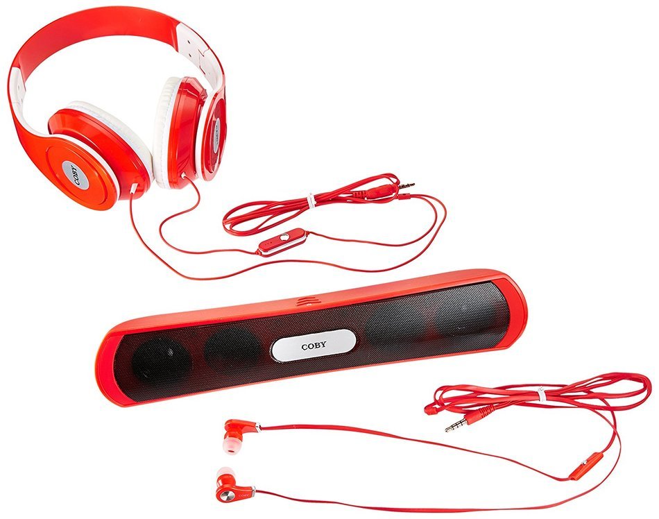 Coby CMB-102-RED Over The Ear Headphones with Built-In Microphone and Bluetooth Speaker (Red)
